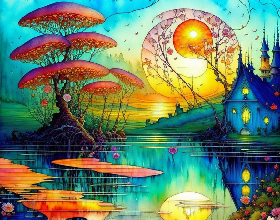 Colorful fantasy landscape with mushroom-like trees, glowing sun, reflections, and whimsical castle