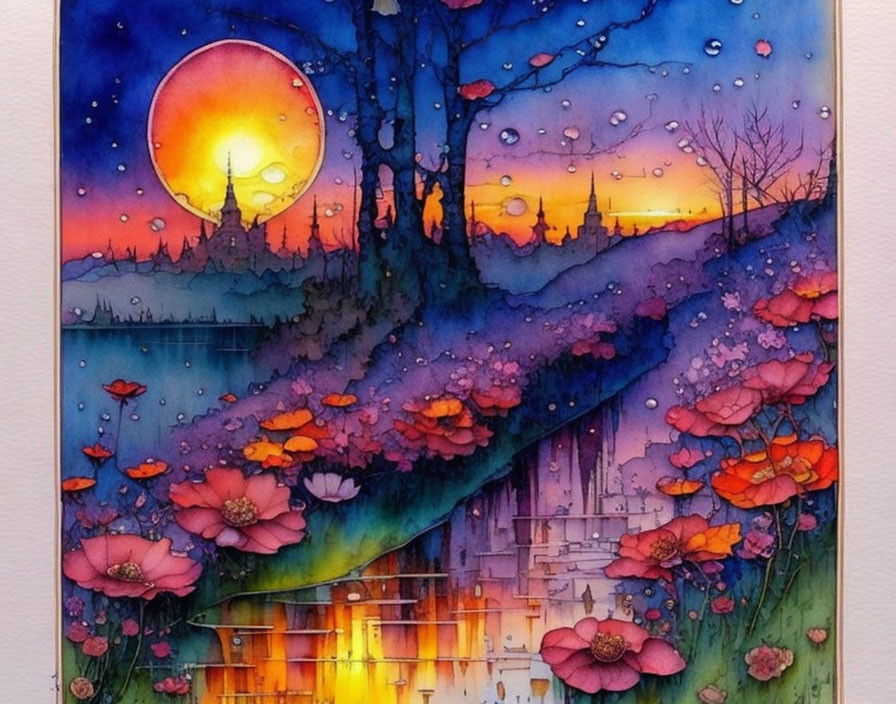 Colorful watercolor painting of sunset with tree silhouette, buildings, water reflection, and crimson flowers.