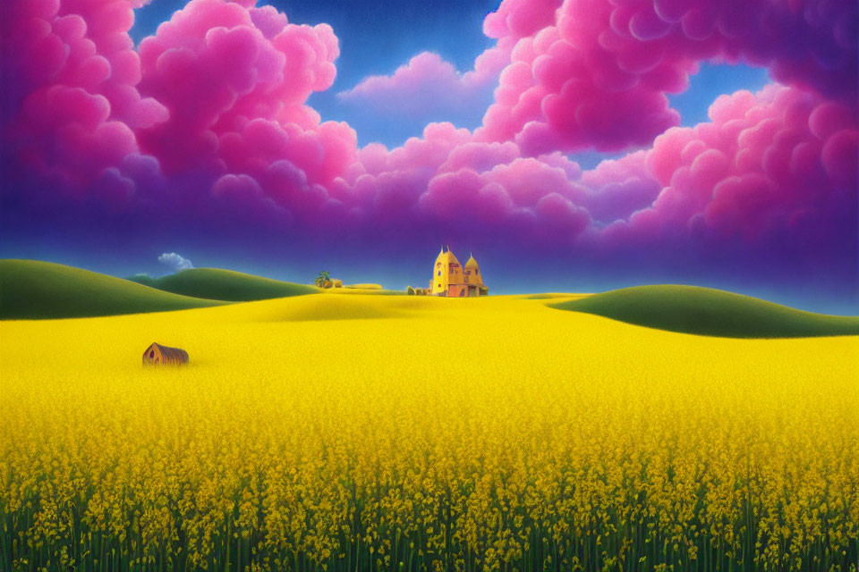 Colorful landscape with fields of yellow flowers, wooden shack, and castle under pink clouds