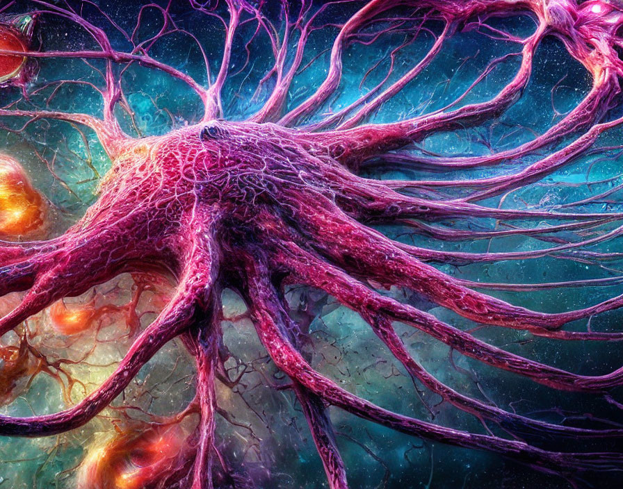 Colorful digital artwork: neuron with dendrites on cosmic backdrop