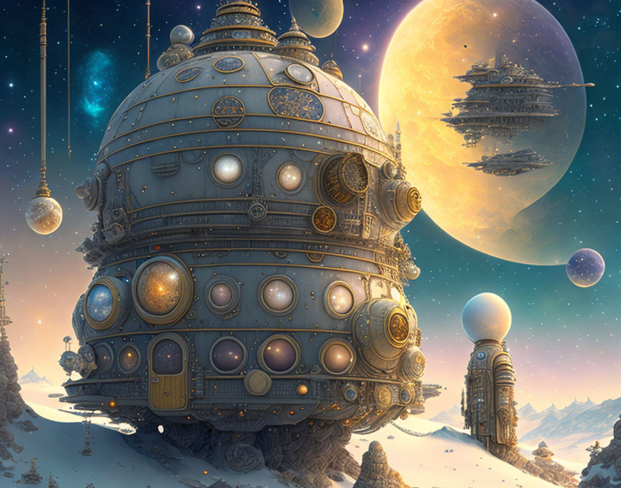 Ornate spherical structure in cosmic snowy landscape