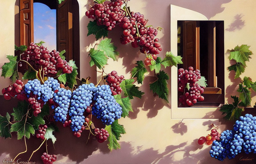 Realistic painting of blue and red grapes on beige wall