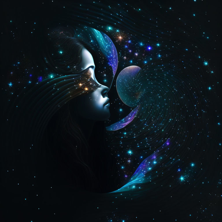 Cosmic-themed digital art featuring woman's profile and galaxy