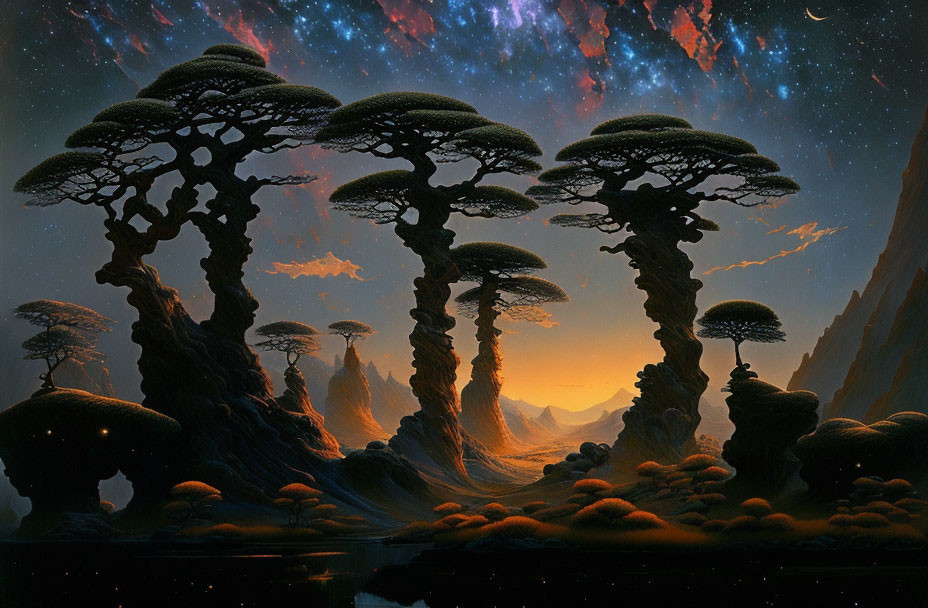 Surreal landscape with towering tree-like structures under starry sky