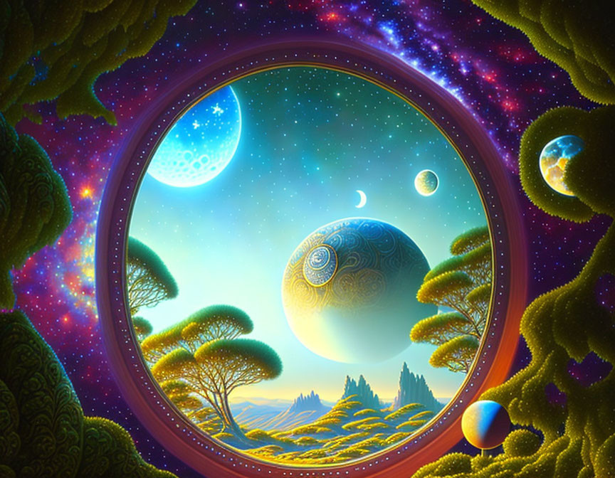 Colorful digital art: Cosmic portal with planets, stars, whimsical trees