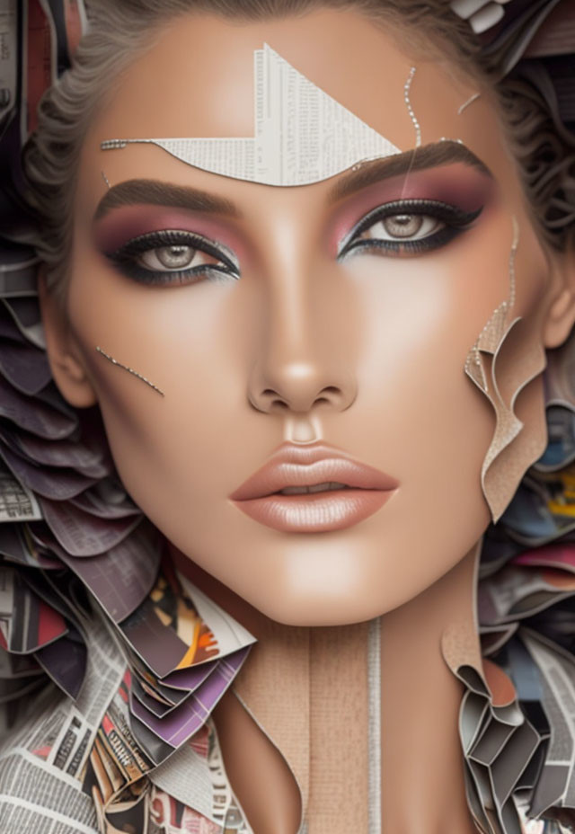 Creative makeup woman with paper elements and newspaper print accents