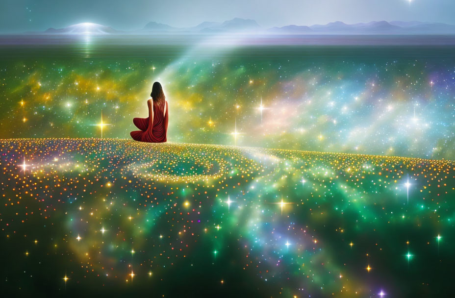 Person in red dress meditating on vivid, sparkling path in starry landscape with northern lights