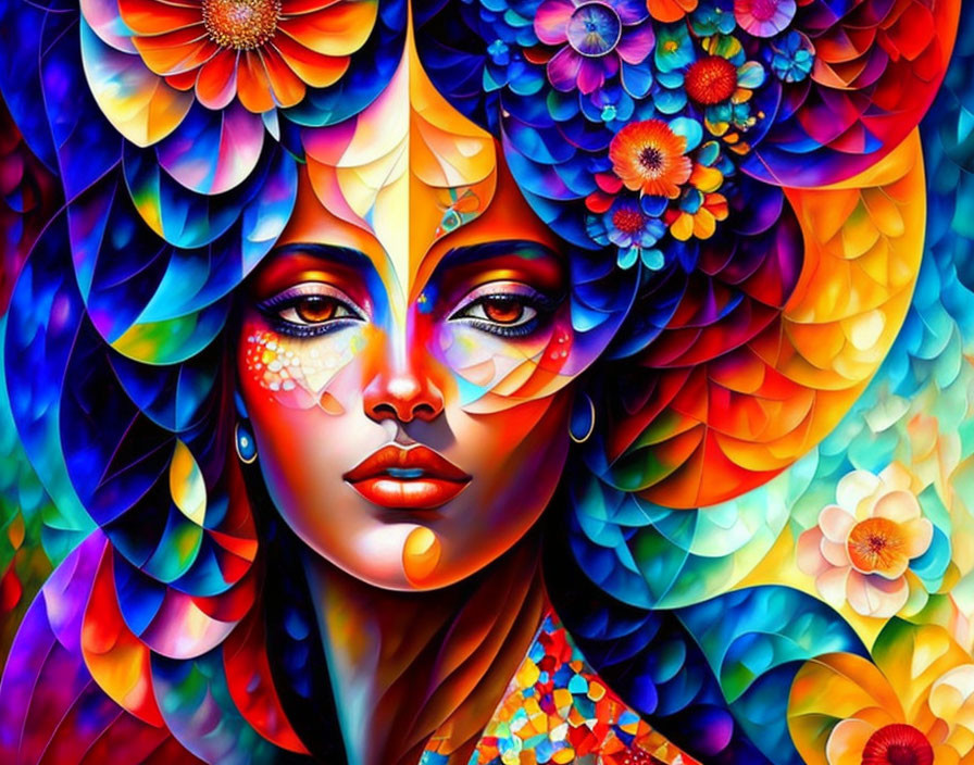 Colorful Artwork: Woman with Floral Patterns in Blue, Orange, and Purple