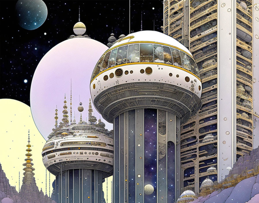 Retrofuturistic cityscape with spherical domed buildings