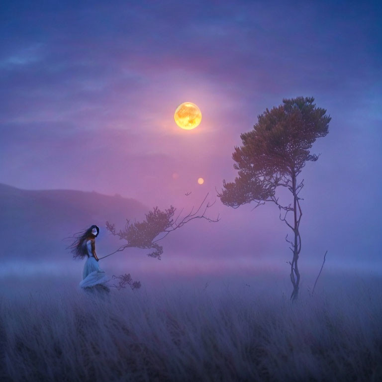 Woman in white dress strolling in misty field at dusk with luminous moon and solitary tree