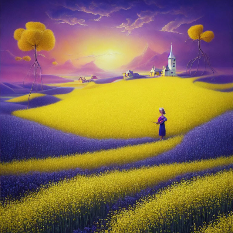 Colorful painting of child in purple field under sunset sky with whimsical trees, church, and carts