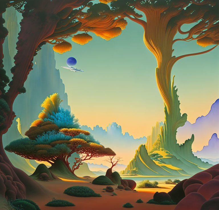 Colorful Fantasy Landscape with Stylized Trees and Distant Planet