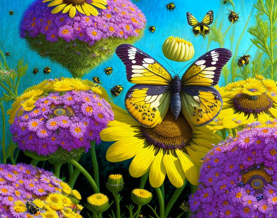 Colorful butterfly on yellow flower with purple blooms and blue background