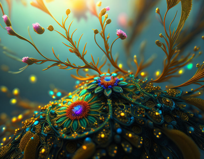 Colorful digital artwork: Surreal organic landscape with fractal patterns, blooming flowers, and glowing