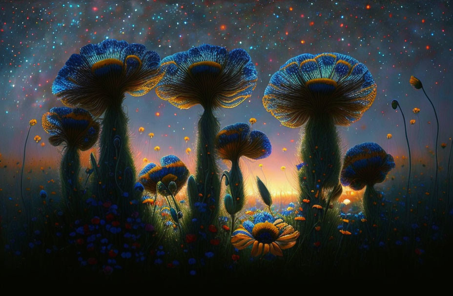 Fantastical night landscape with oversized glowing mushrooms