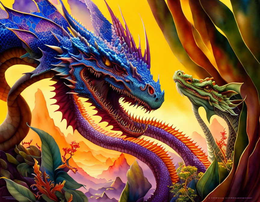 Vibrant blue and green dragons in vivid fantasy landscape