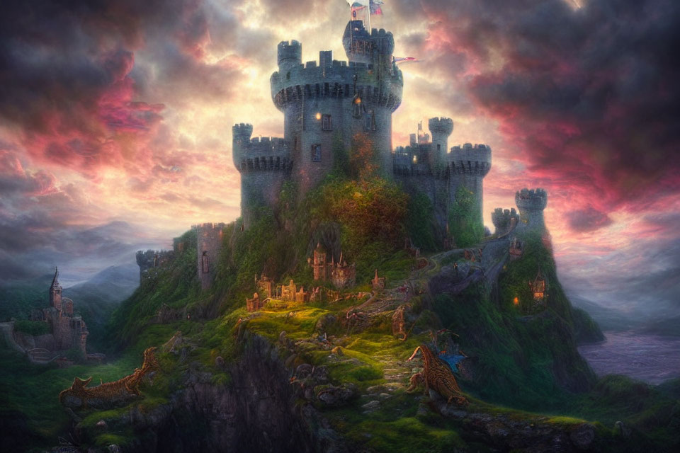 Ethereal castle on lush hill with dramatic skies and majestic deer