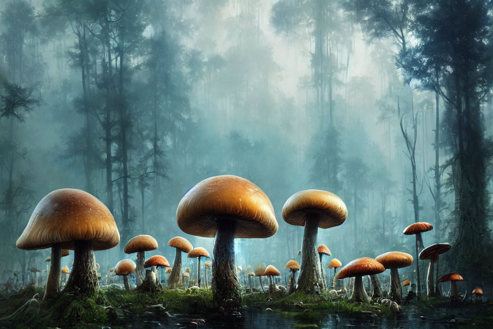 Mystical enchanted forest with oversized mushrooms and towering trees in mist