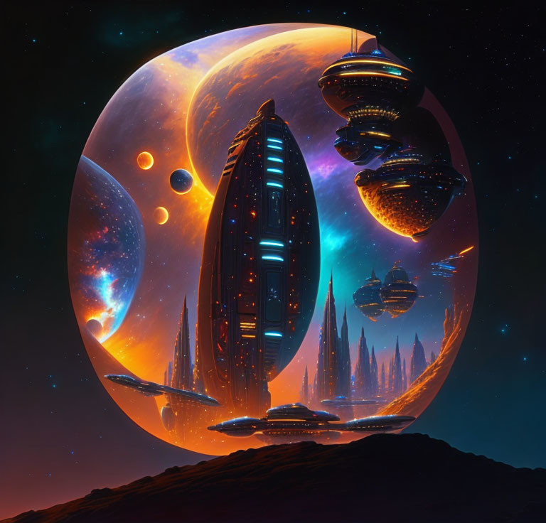 Futuristic cityscape within celestial sphere with cosmic landscape