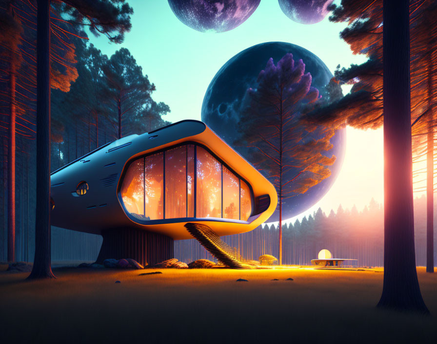 Modern house in forest with large windows and oversized moons at dusk