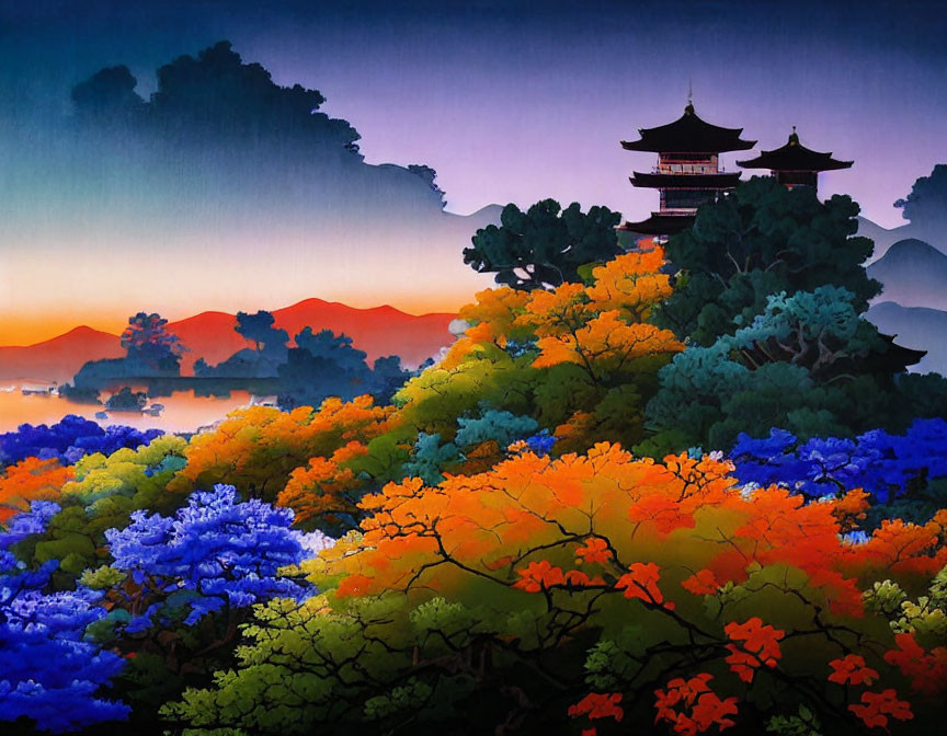 Japanese temple painting with colorful trees and misty mountains at twilight