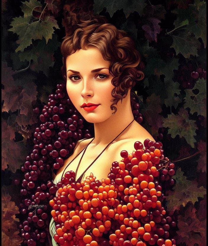 Portrait of woman with curly hair and vintage attire surrounded by red and green grapes on leafy background.