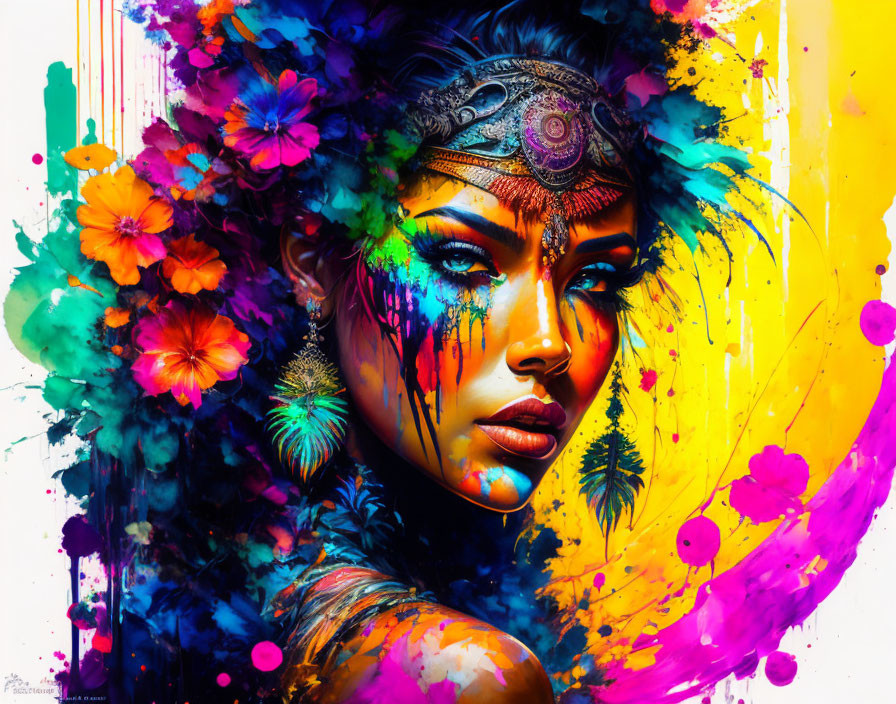 Colorful digital artwork: Woman with vibrant headdress and floral elements