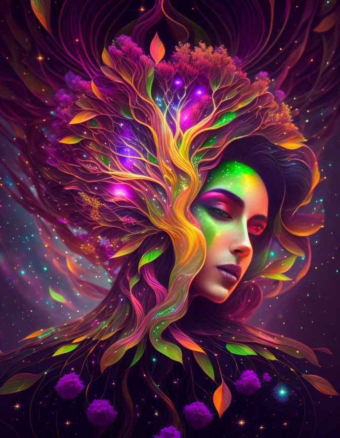 Colorful digital artwork: Woman with tree-like hair in neon hues