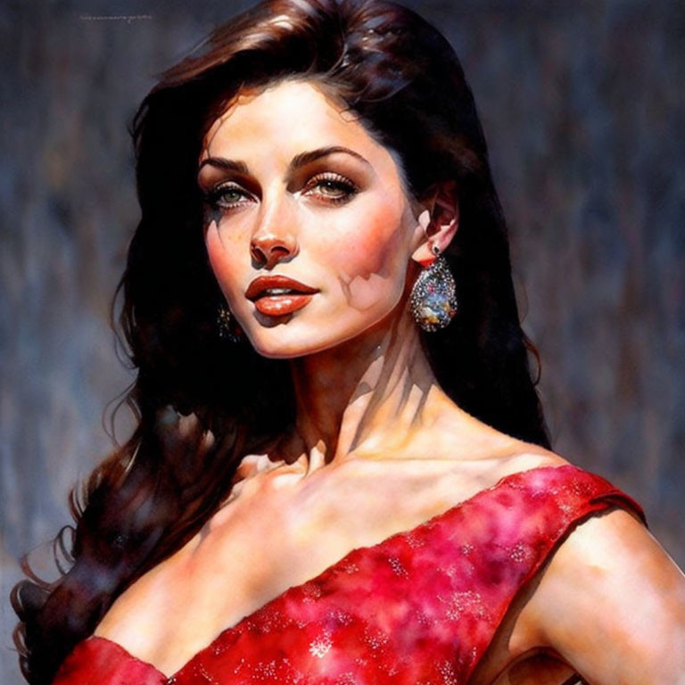 Portrait of a woman with long dark hair in red sequined outfit and blue earrings.