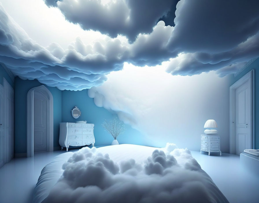 Surreal bedroom with cloud ceiling, white furniture, and ethereal blue light