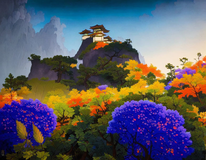 Vibrant forest with colorful flora and pagoda on cliff at dusk