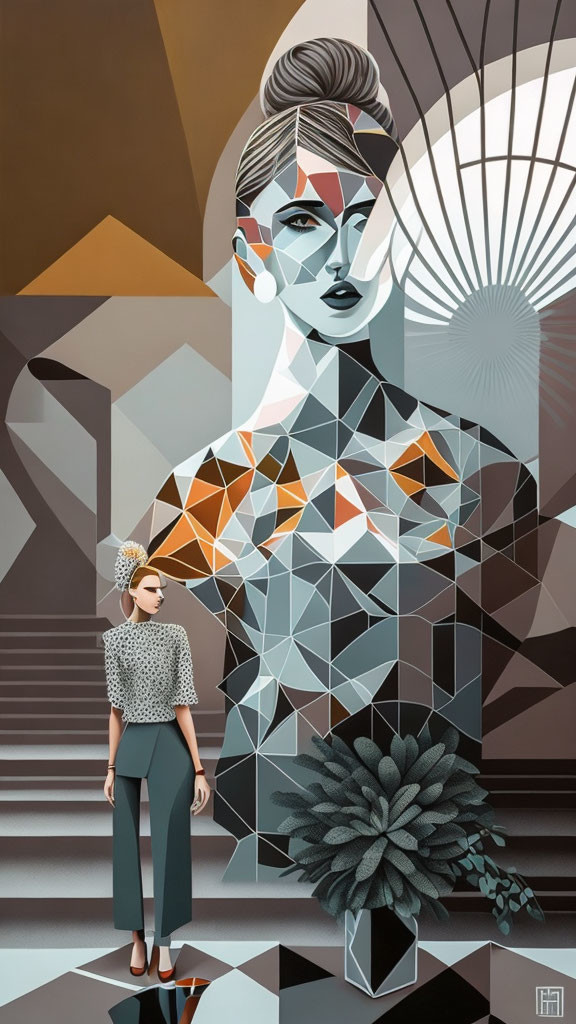 Geometric abstract woman with realistic figure in monochrome setting