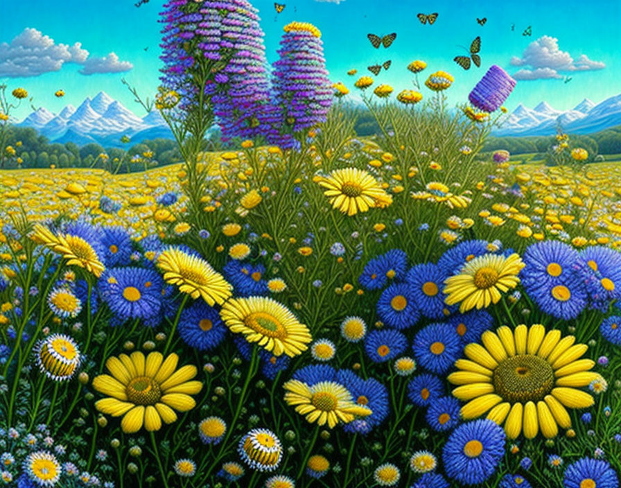 Colorful Flower Field Painting with Butterflies and Mountain Background