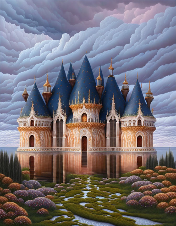 Ornate fantasy castle with blue spires reflected in calm lake