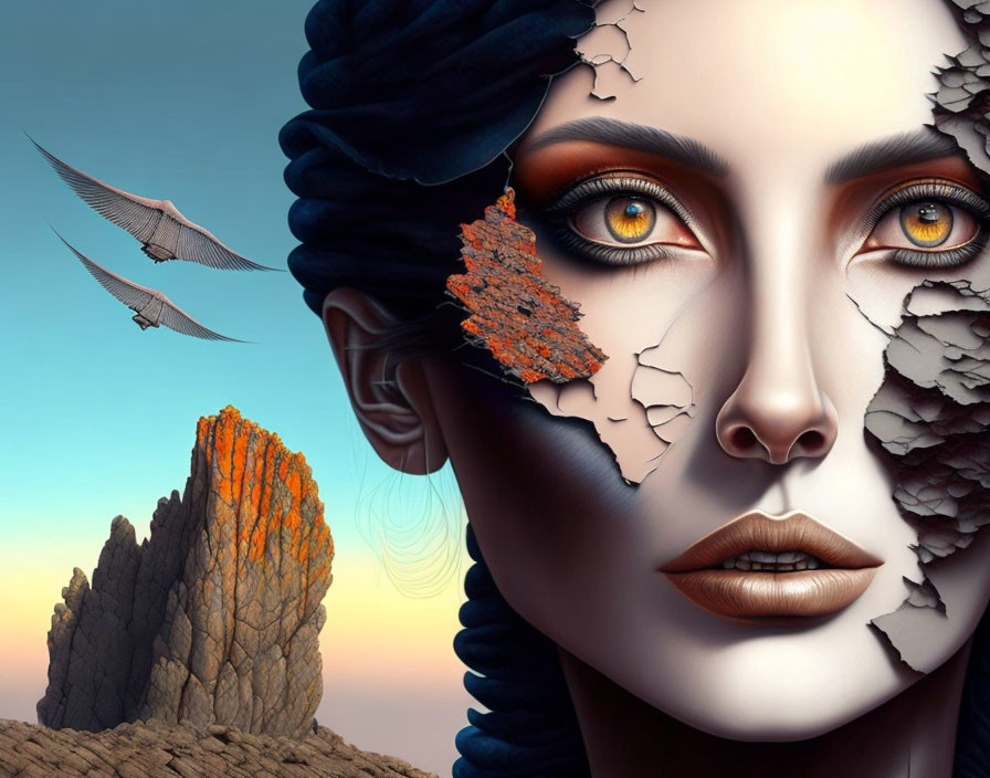 Surreal female face merging with desert landscape and flying creature