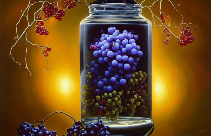 Hyper-realistic Painting of Glass Jar with Grapes and Dramatic Lighting