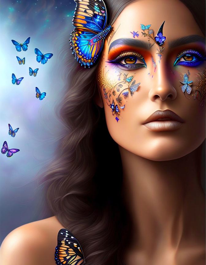 Digital Art: Woman with Butterfly Makeup and Surrounding Butterflies