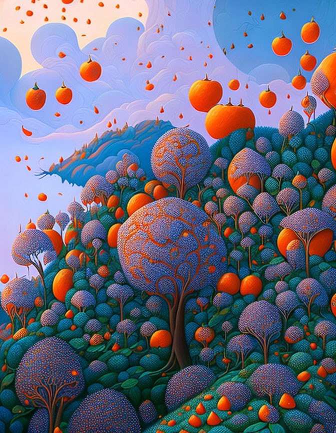 Colorful surreal landscape with stylized trees and floating orbs in dreamlike sky