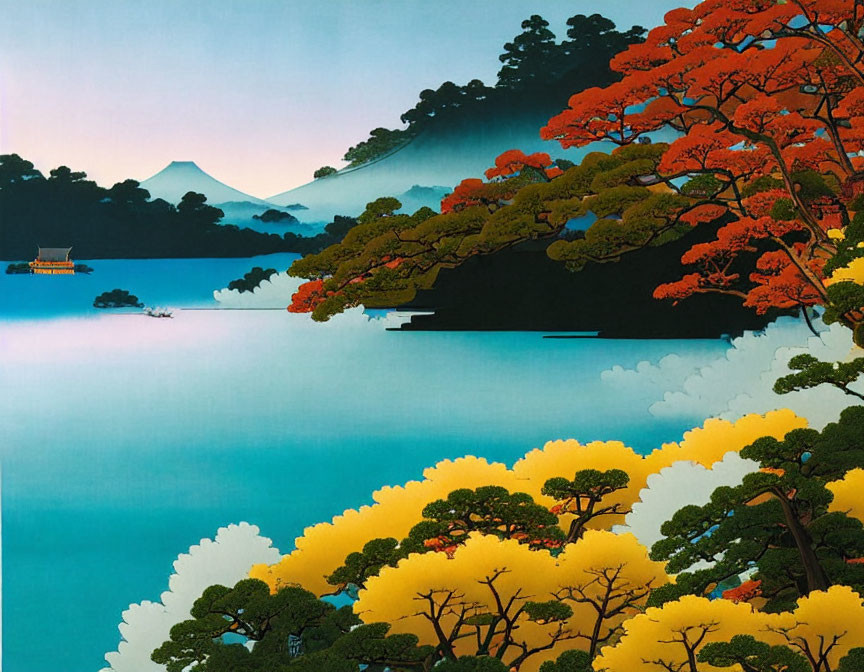 Serene lake with boat, colorful trees, misty mountains - vibrant painting