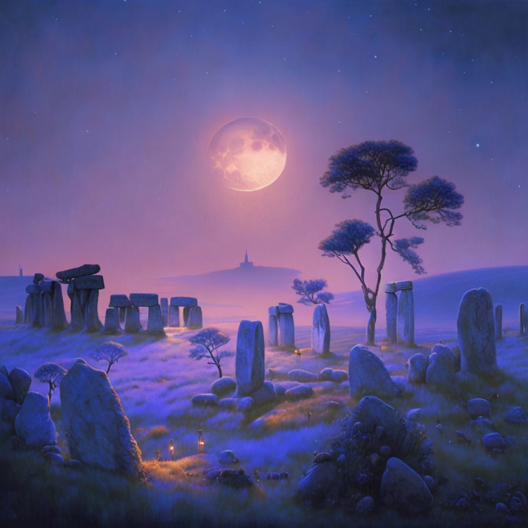 Ancient stone circle and lone tree in mystical nighttime landscape