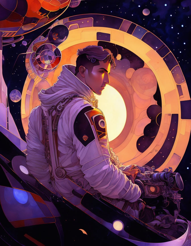 Astronaut in cosmic setting with planets and spacecraft