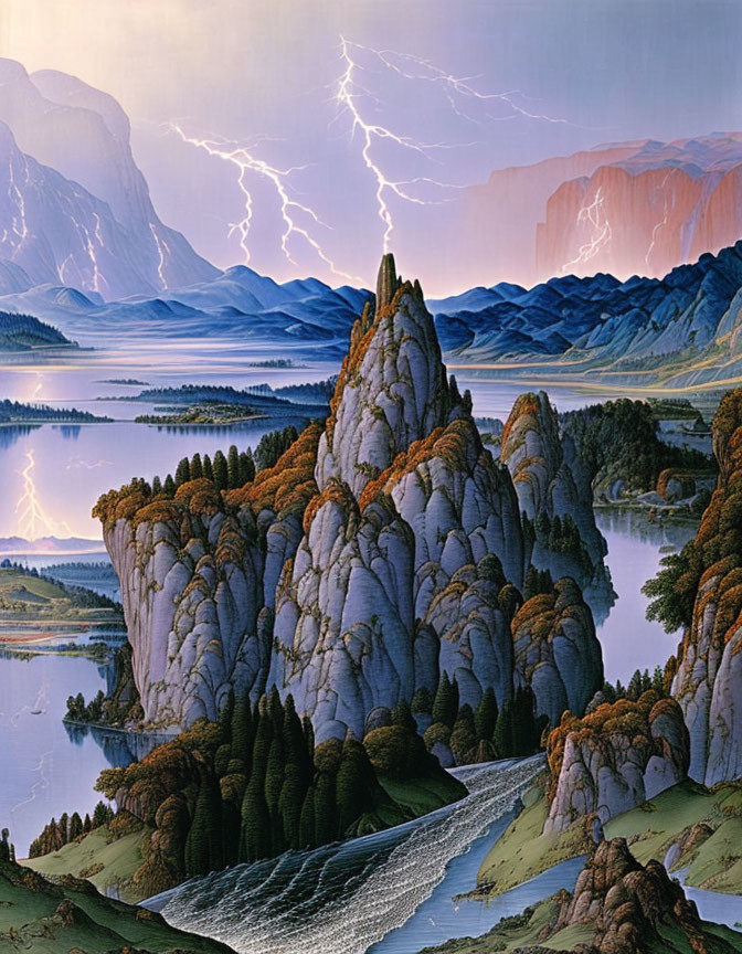 Fantastical landscape with rugged pinnacle, forests, rivers, lakes, under dramatic sky.