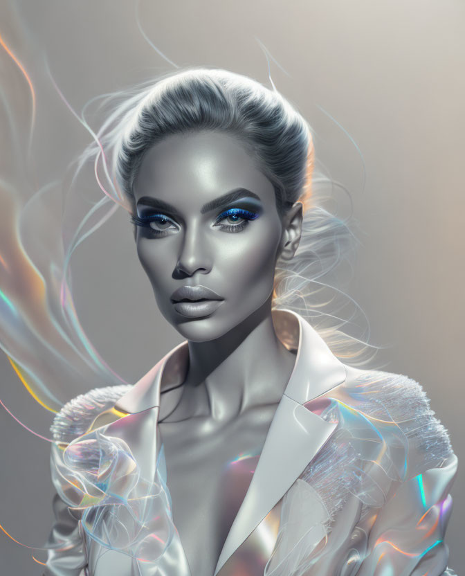 Digital portrait of woman with metallic skin and blue eyeshadow in ethereal light swirls