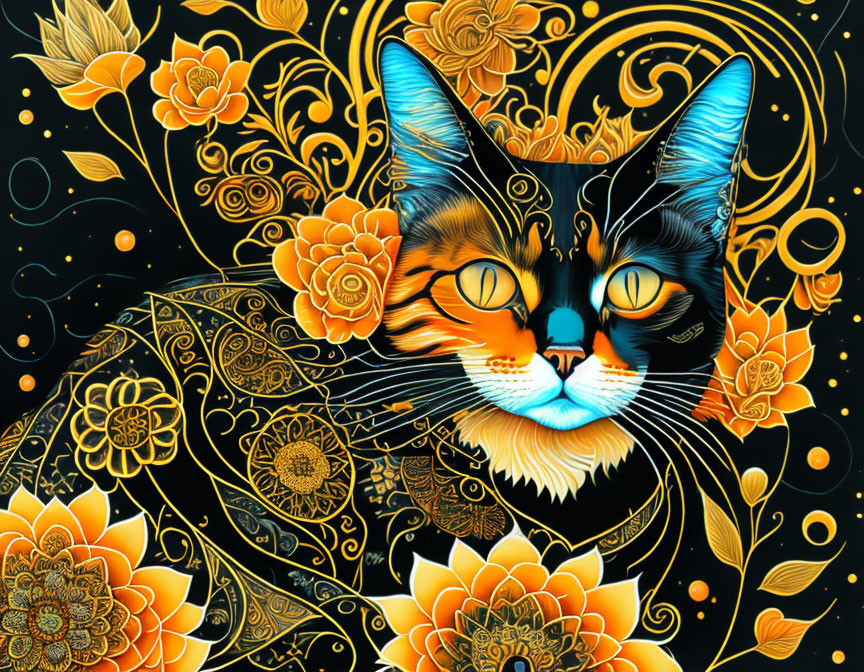 Colorful Cat Illustration with Floral Patterns on Cosmic Background