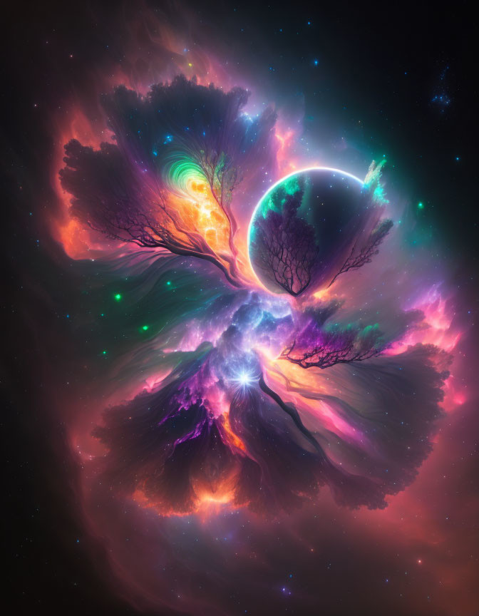 Colorful cosmic scene with tree-like structure, nebulae, stars, and crescent planet.