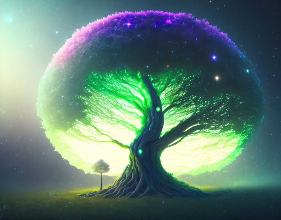 Colorful mystical tree under starry sky on grass