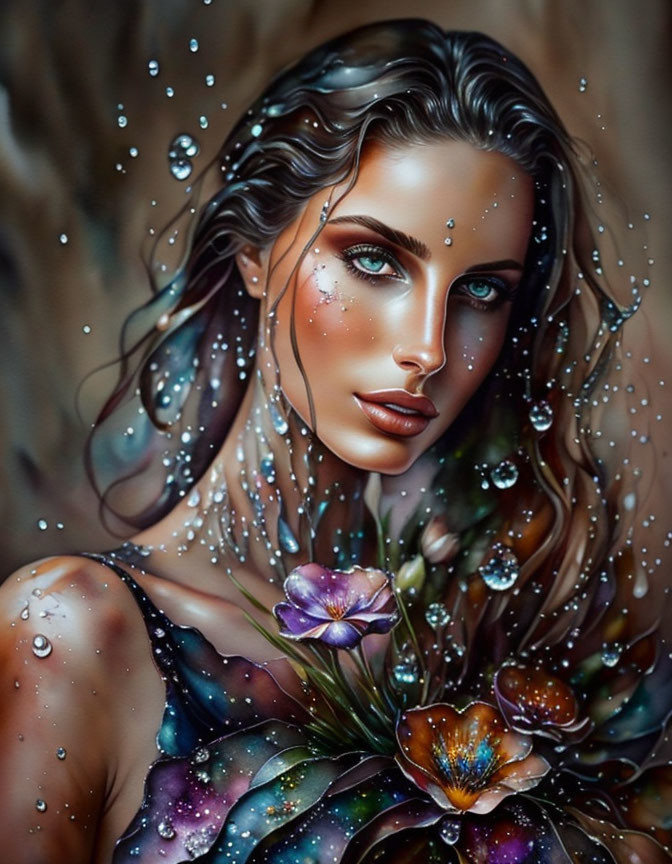 Digital artwork: Woman with wavy hair, water droplets, purple flower dress