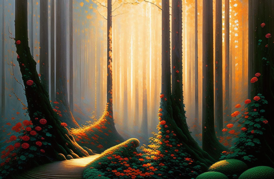 Sunlit mystical forest with orange flowers and tall trees