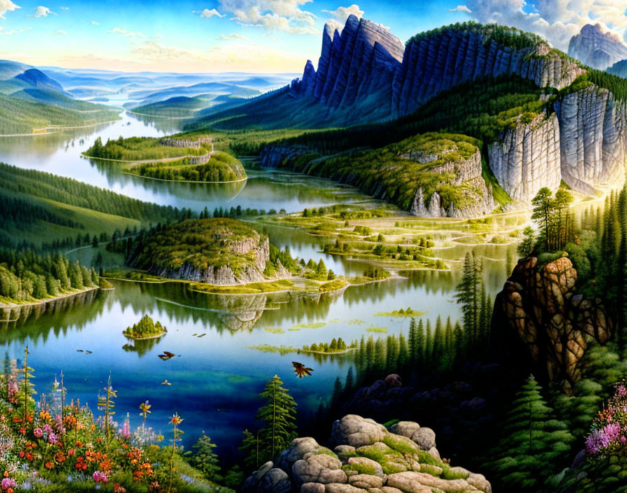 Scenic landscape with serene lake, cliffs, forests, and vivid sky