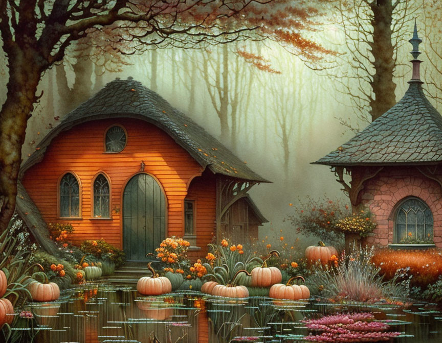 Quaint cottage with rounded door by tranquil pond and autumnal forest.